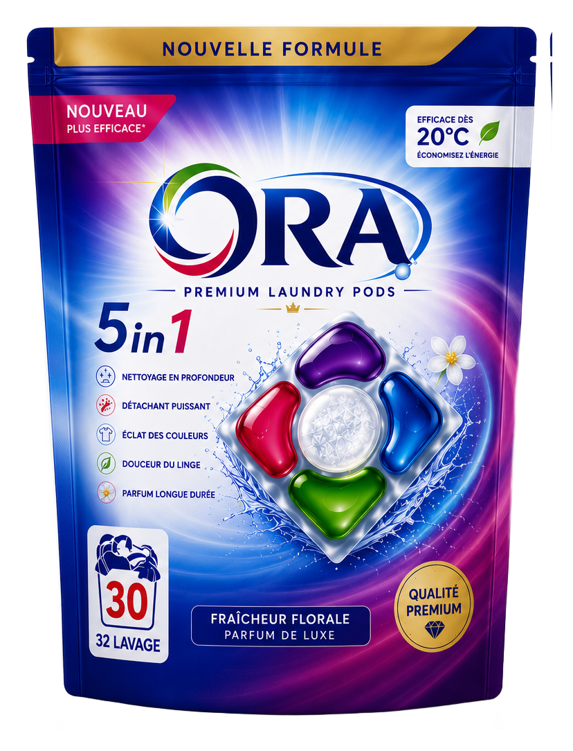 Doypack de dosettes de lessive ORA 5 en 1, 32 lavages