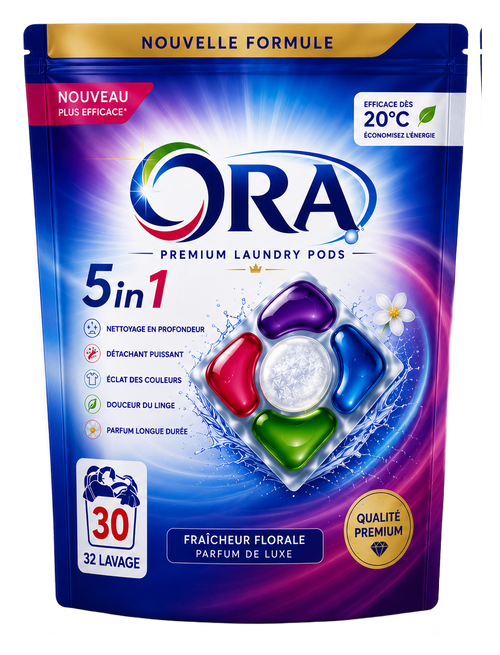 Doypack de dosettes de lessive ORA 5 en 1, 32 lavages